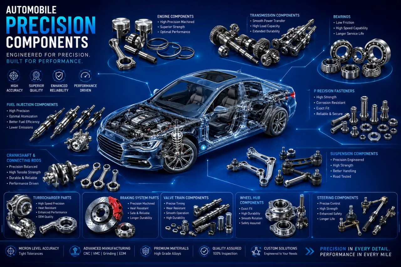 Automobile precision components map — engine, transmission, bearings, fasteners, fuel injection, crankshaft and connecting rods, turbocharger, braking, valve train, wheel hub, suspension and steering components