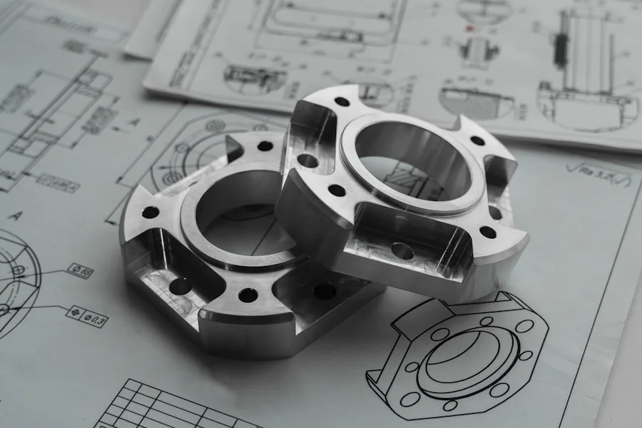 Precision machined flange components on engineering blueprints