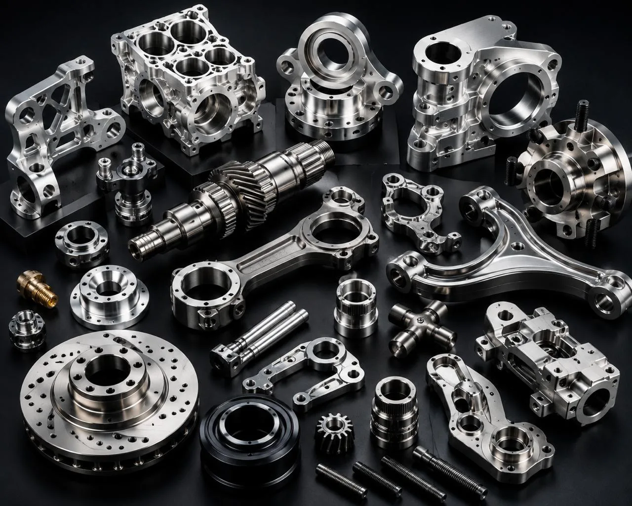A collection of precision machined components manufactured by Axtratech — housings, shafts, flanges, gears, brackets and fasteners